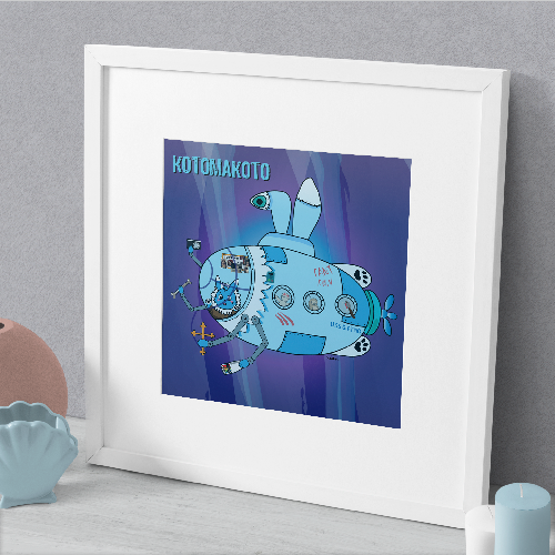 A blue submarine with Kotomakoto fluffy creature driving