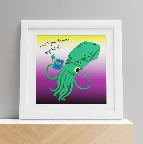 A green squid holding a book titled 20000 leagues under the sea.